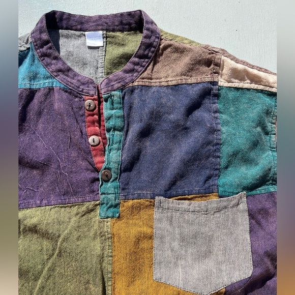 Men's Nepal Shirt Multicolor Patchwork L/XL India Hippie Yoga Namaste Spiritual - Picture 1 of 13
